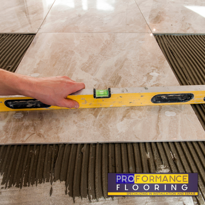 tile floor installation in progress