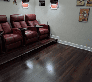 Deep mahogany hardwood floor in Home Theater